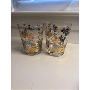 2 Vtg William Meier Double Old Fashioned Glasses Gold MCM Barware